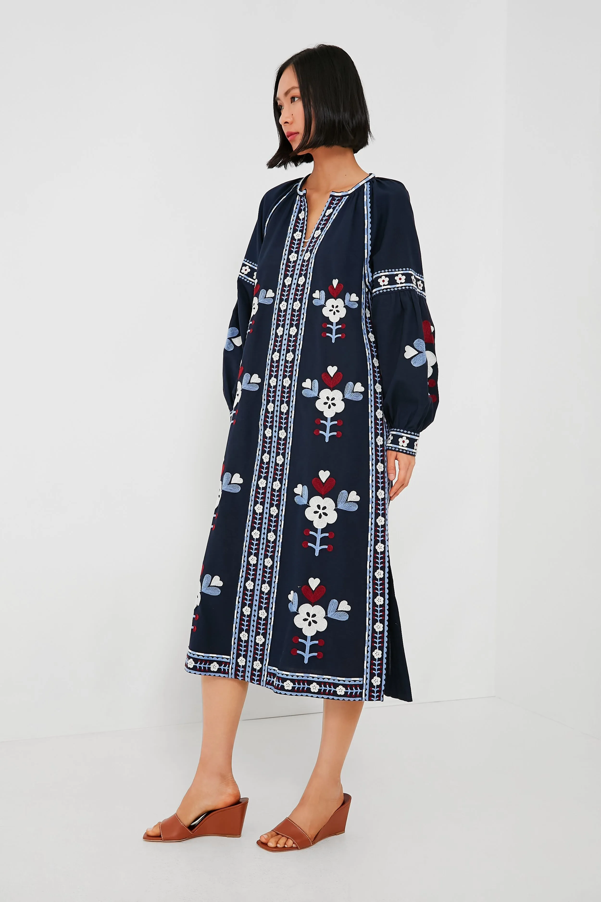 Exclusive Navy Shaina Embroidery Long Sleeve Dress