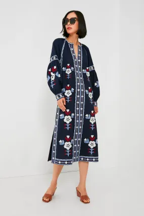 Exclusive Navy Shaina Embroidery Long Sleeve Dress