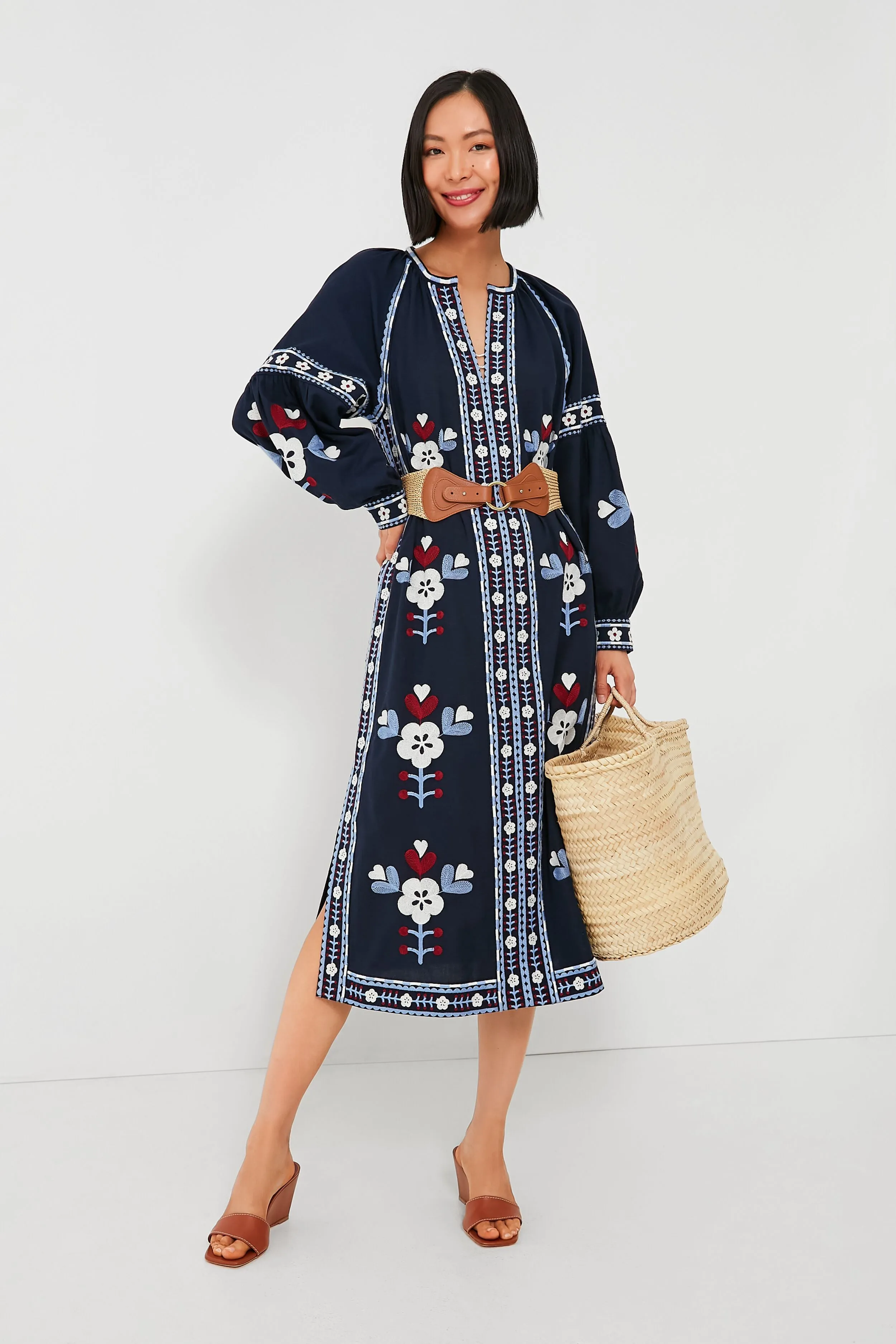 Exclusive Navy Shaina Embroidery Long Sleeve Dress