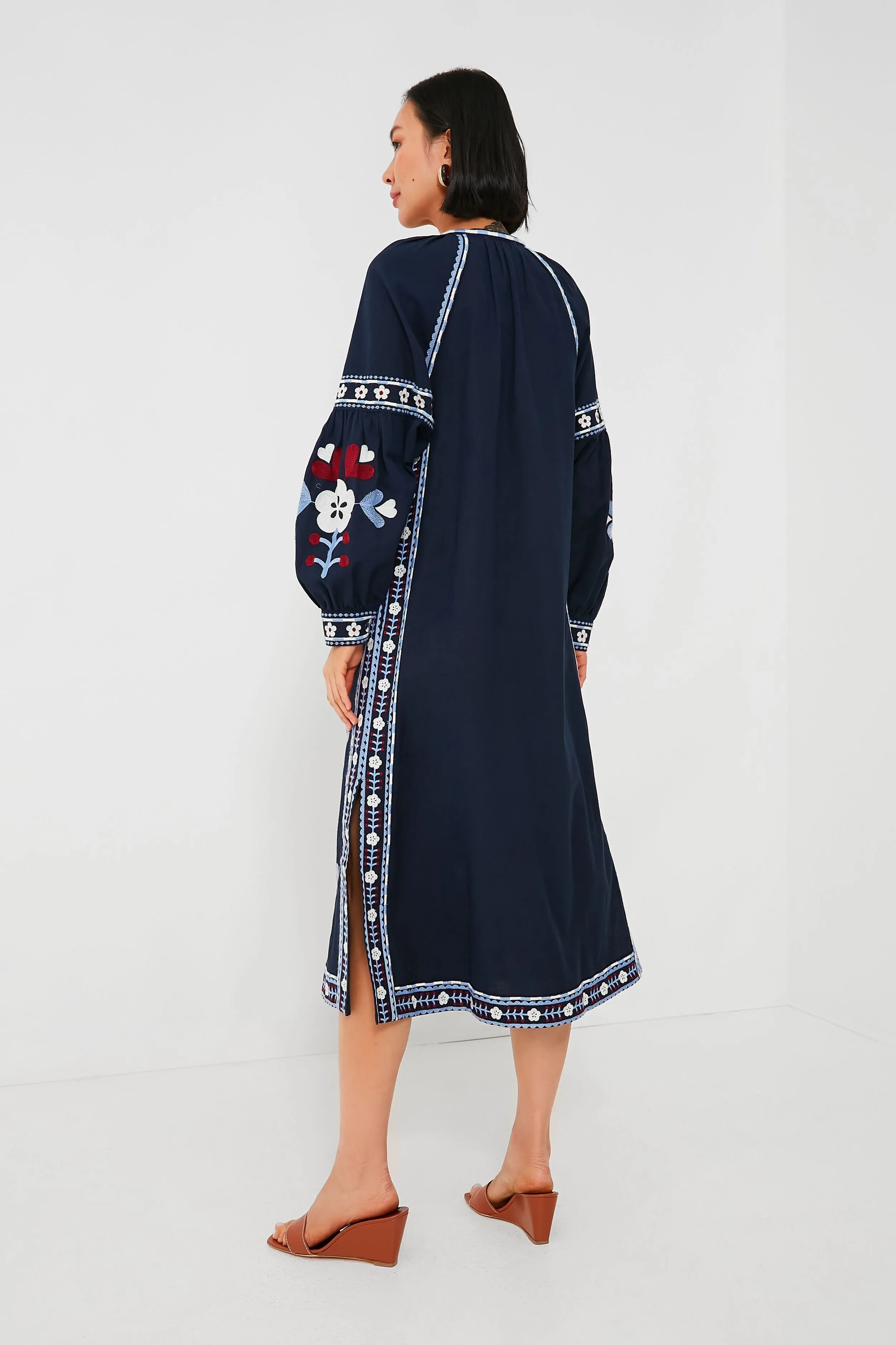 Exclusive Navy Shaina Embroidery Long Sleeve Dress