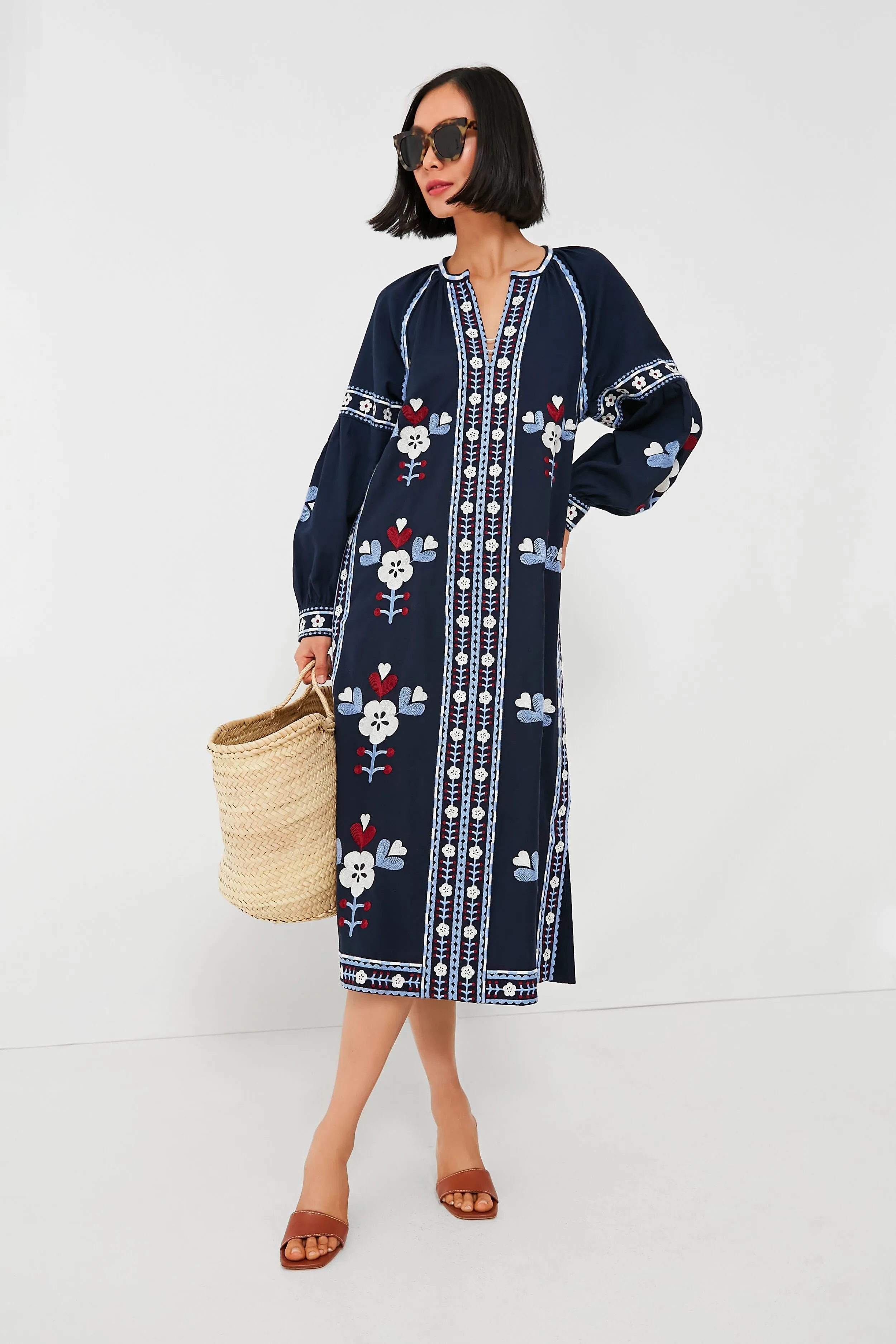 Exclusive Navy Shaina Embroidery Long Sleeve Dress