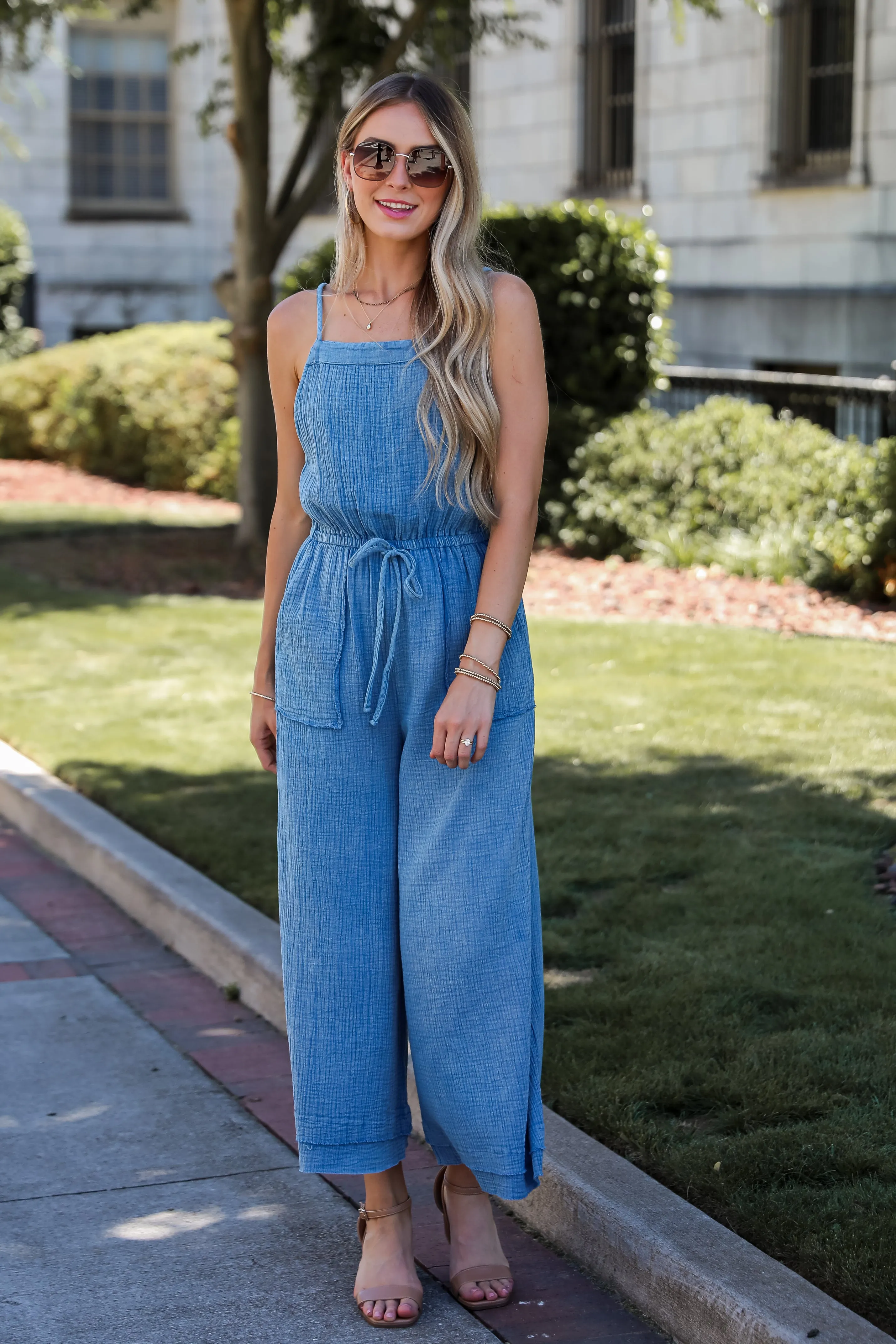 FINAL SALE - Immensely Poised Blue Linen Jumpsuit