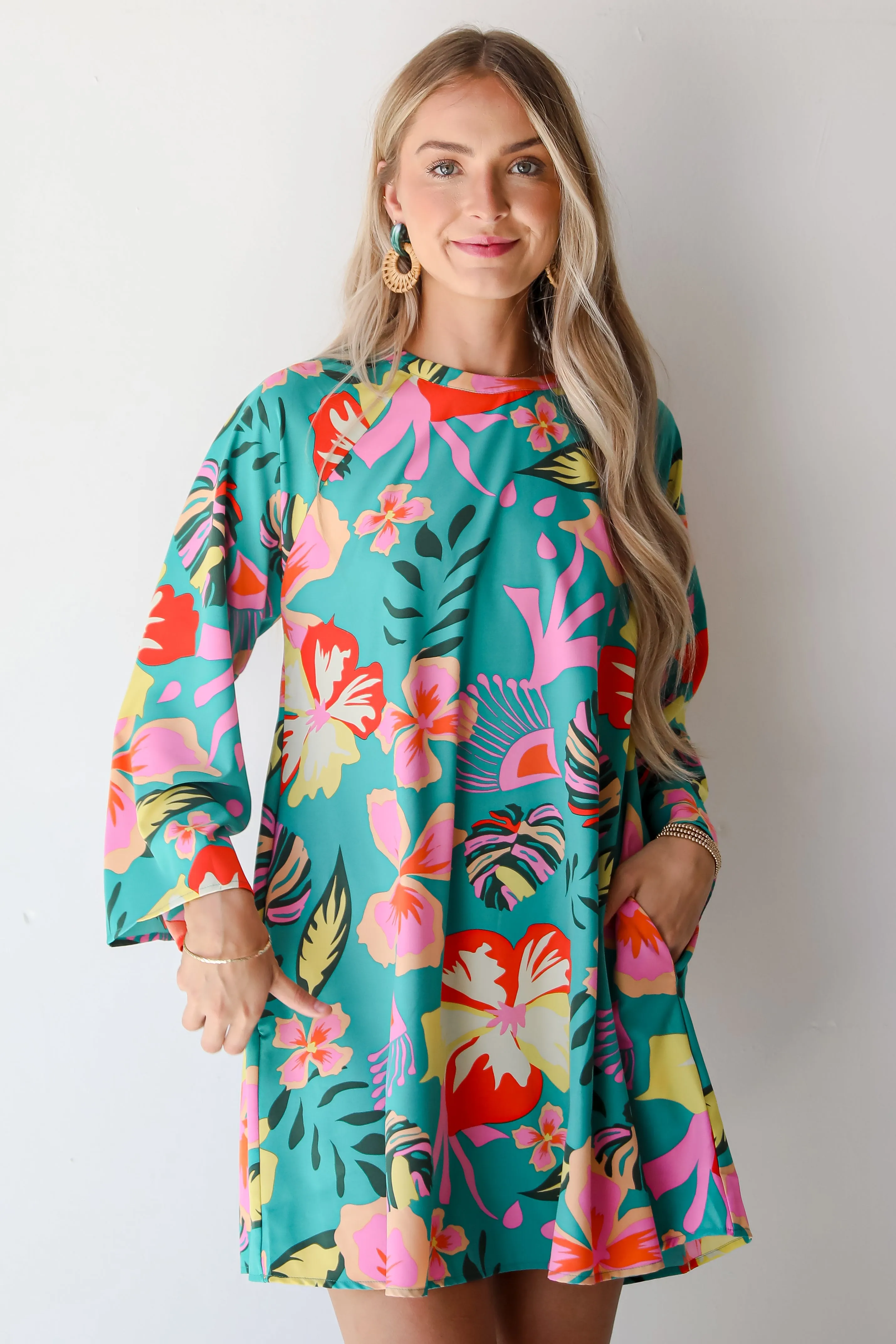 FINAL SALE - Island Ease Teal Tropical Mini Dress