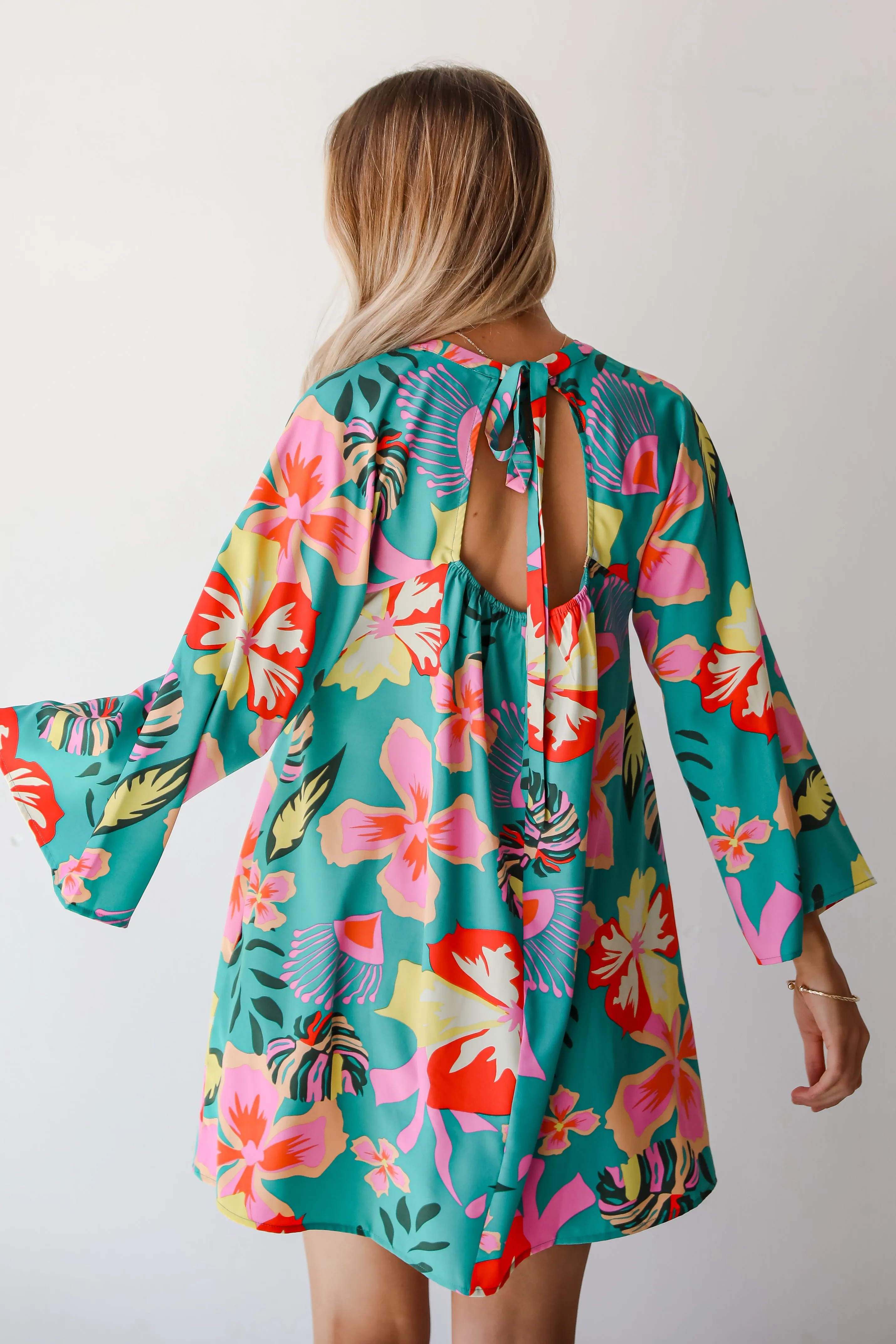 FINAL SALE - Island Ease Teal Tropical Mini Dress