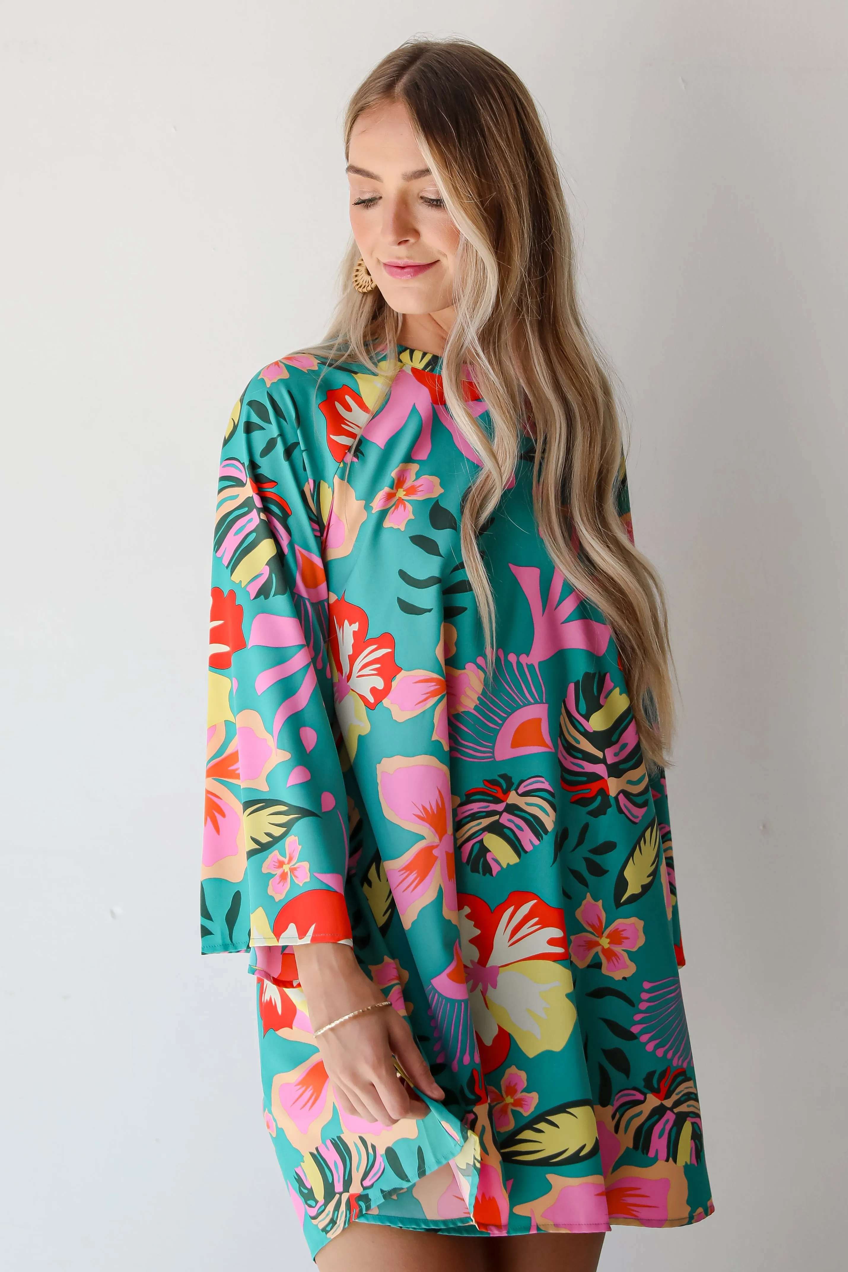 FINAL SALE - Island Ease Teal Tropical Mini Dress