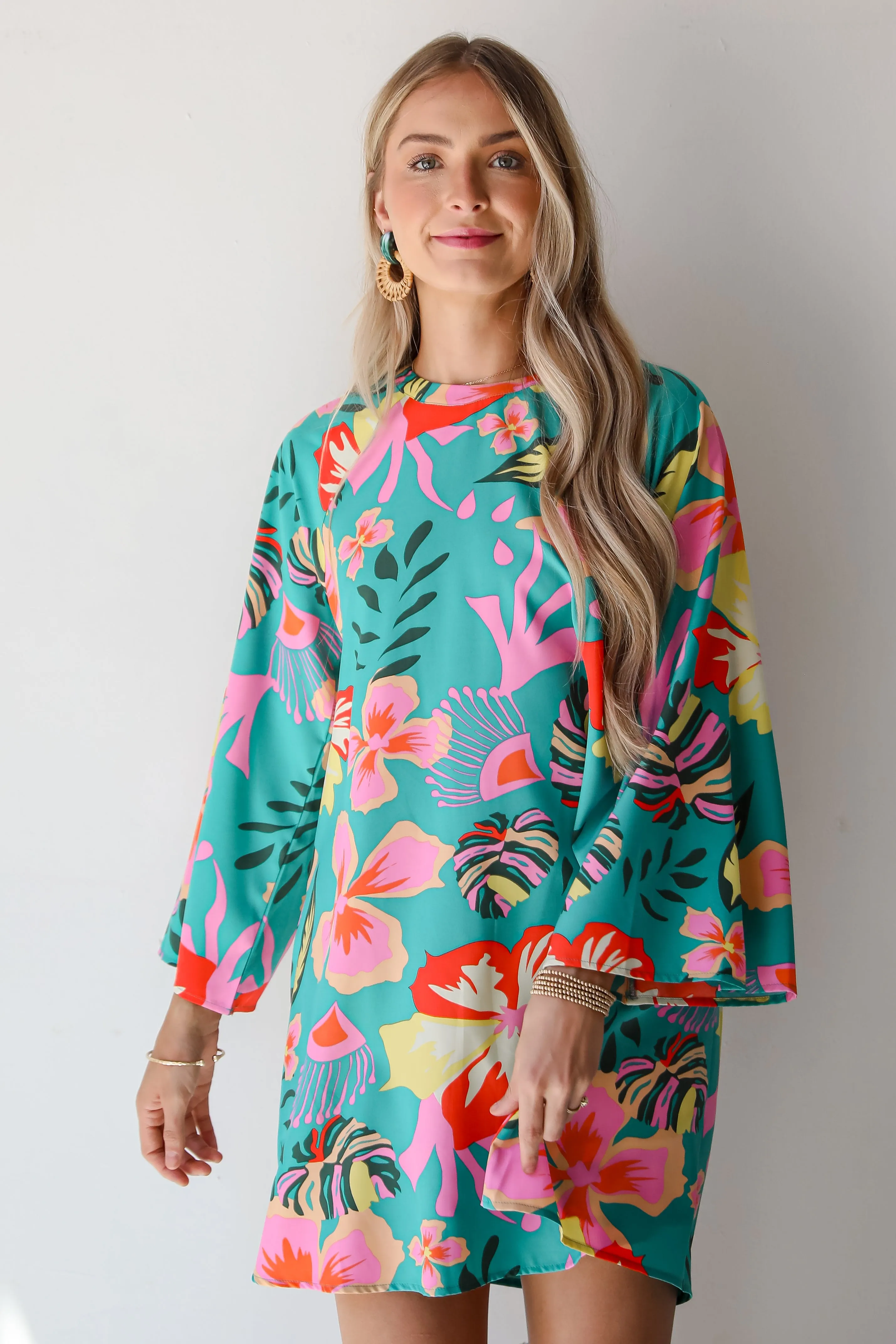 FINAL SALE - Island Ease Teal Tropical Mini Dress