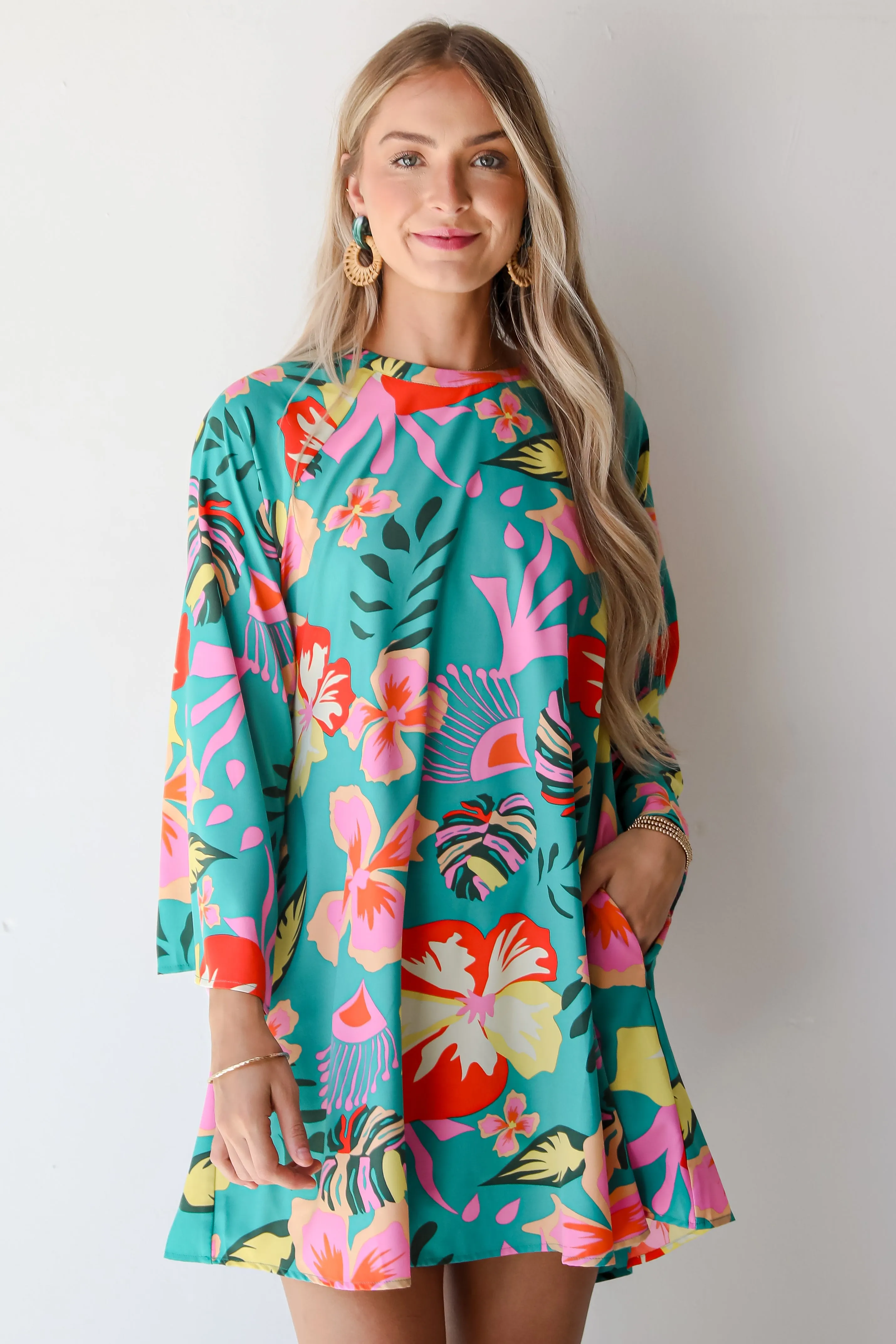 FINAL SALE - Island Ease Teal Tropical Mini Dress