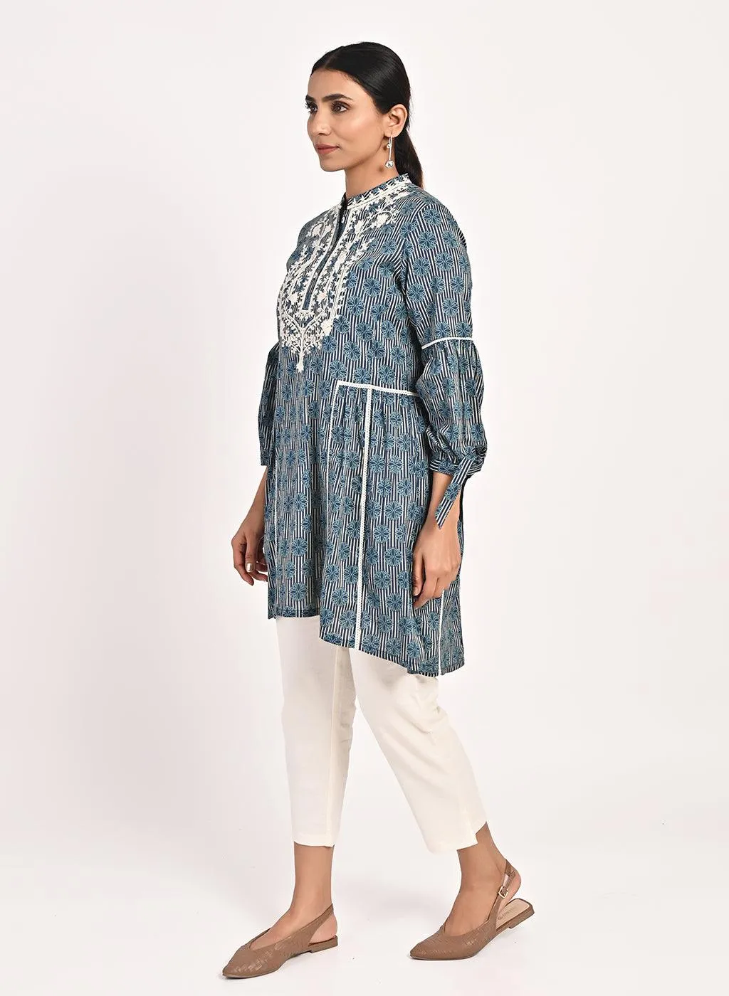 Floral Stripe Blue Tunic with Dori Embroidery