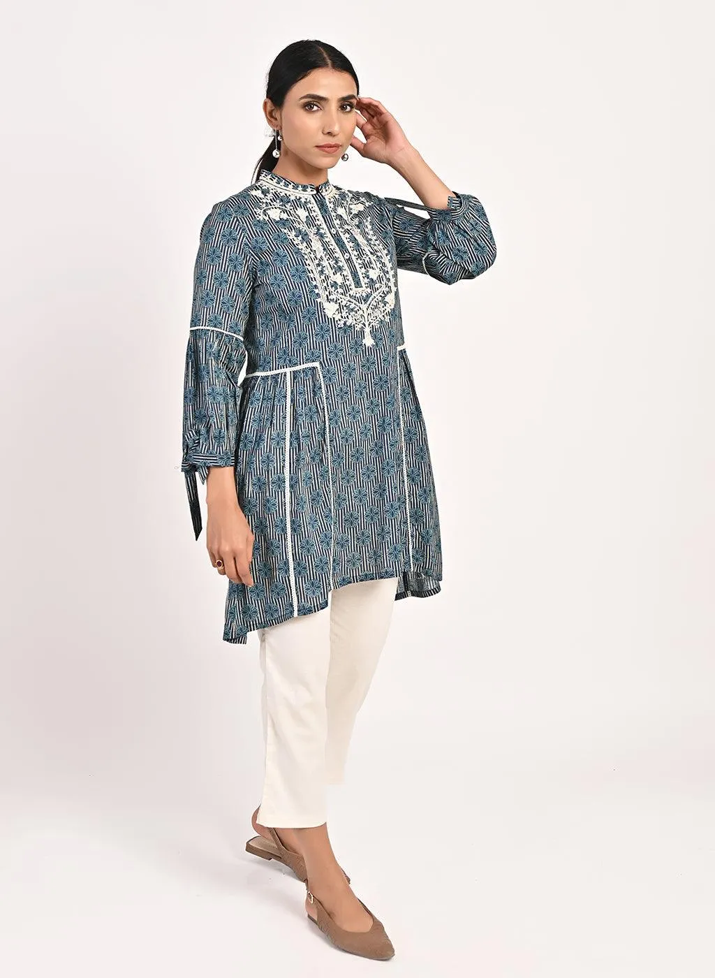 Floral Stripe Blue Tunic with Dori Embroidery