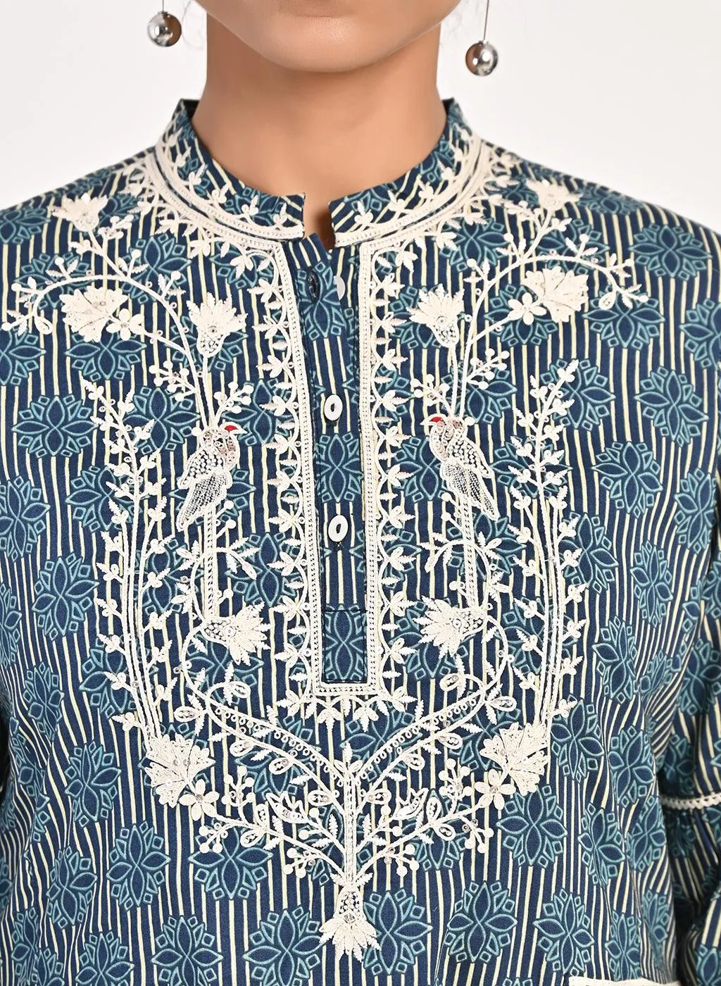 Floral Stripe Blue Tunic with Dori Embroidery