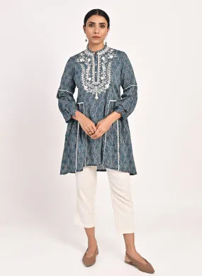 Floral Stripe Blue Tunic with Dori Embroidery