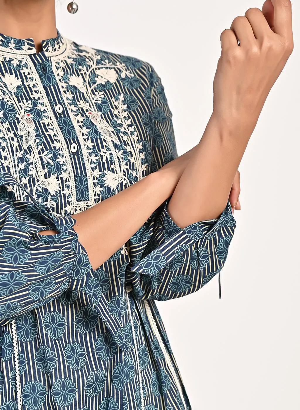 Floral Stripe Blue Tunic with Dori Embroidery