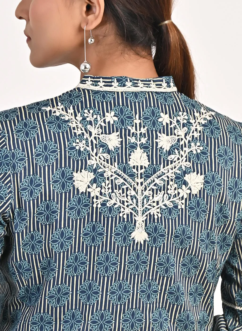 Floral Stripe Blue Tunic with Dori Embroidery