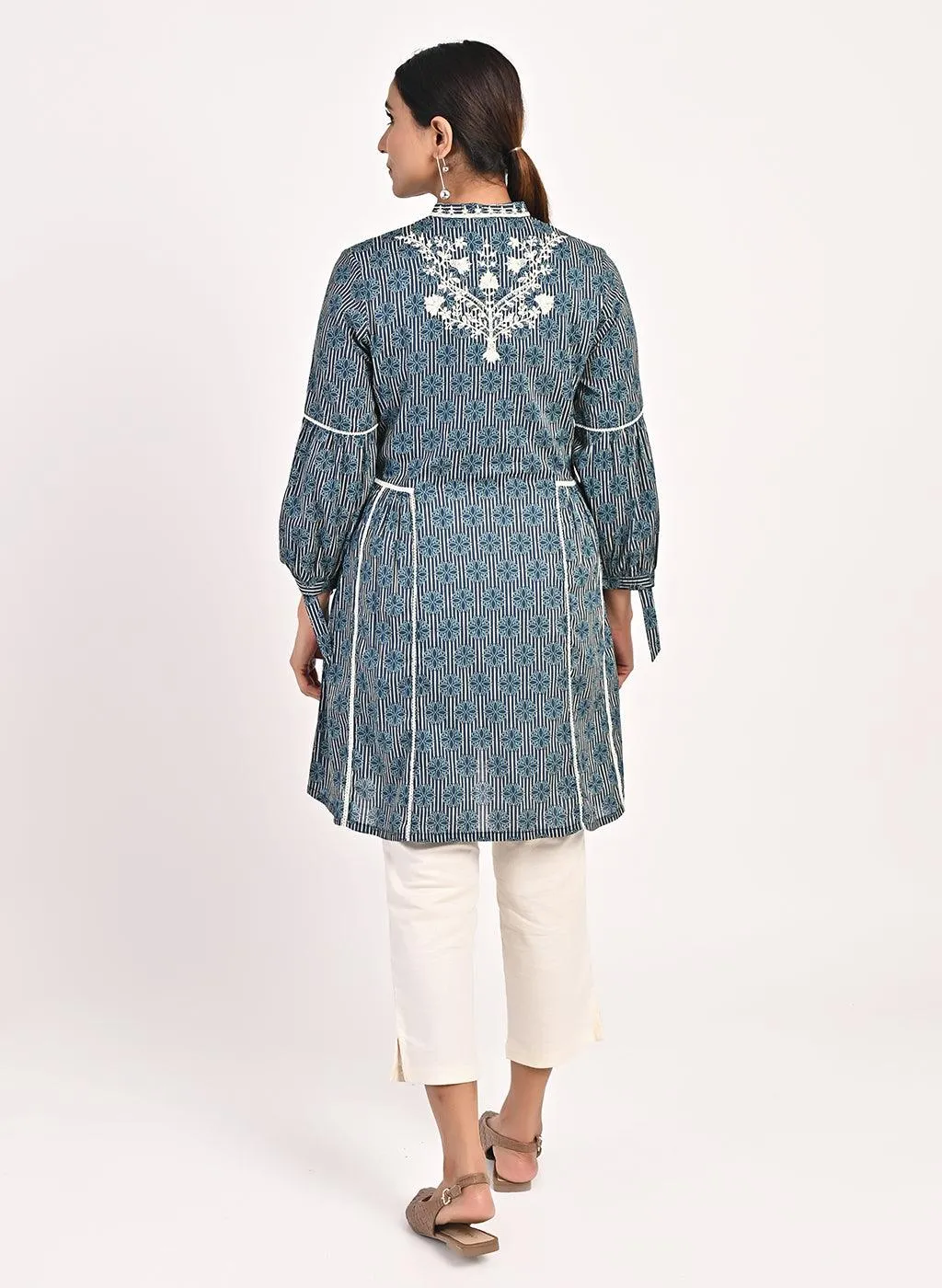 Floral Stripe Blue Tunic with Dori Embroidery