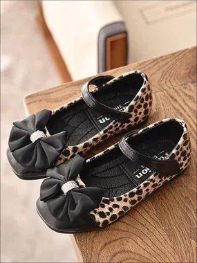 Girls Leather Animal Print Flats with Rhinestone and Bow Embellishments By Liv and Mia