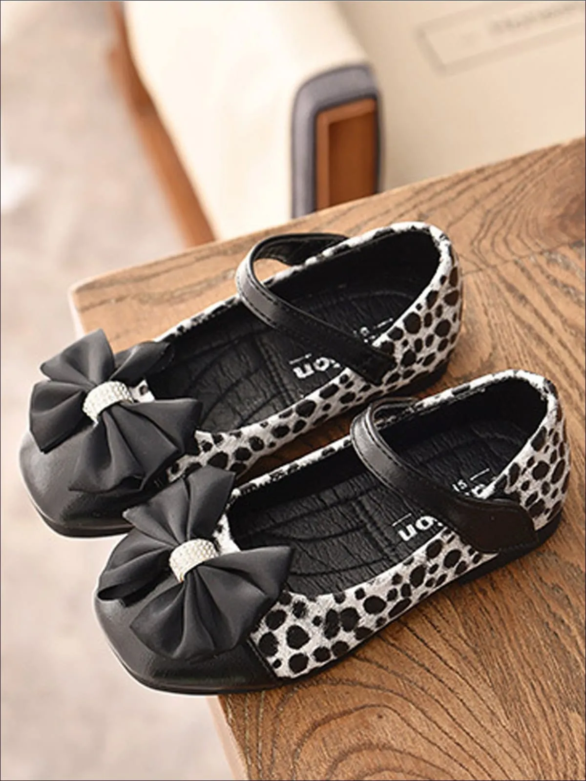 Girls Leather Animal Print Flats with Rhinestone and Bow Embellishments By Liv and Mia