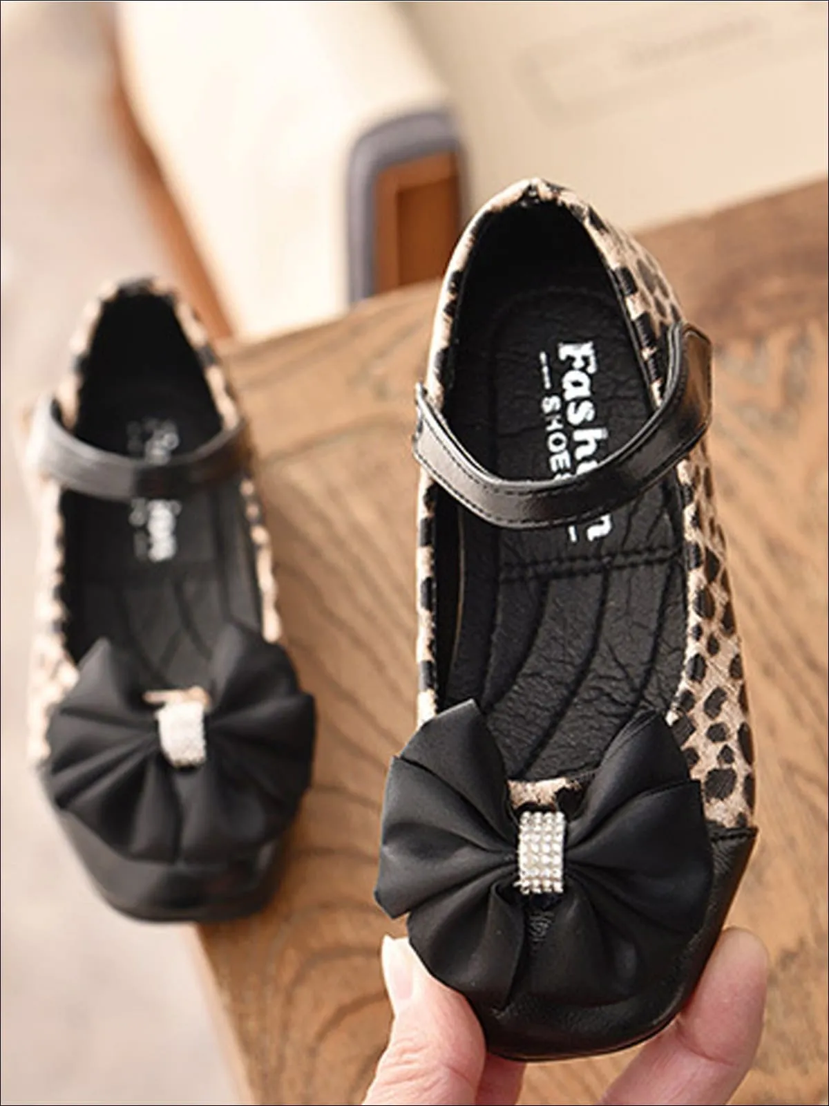 Girls Leather Animal Print Flats with Rhinestone and Bow Embellishments By Liv and Mia