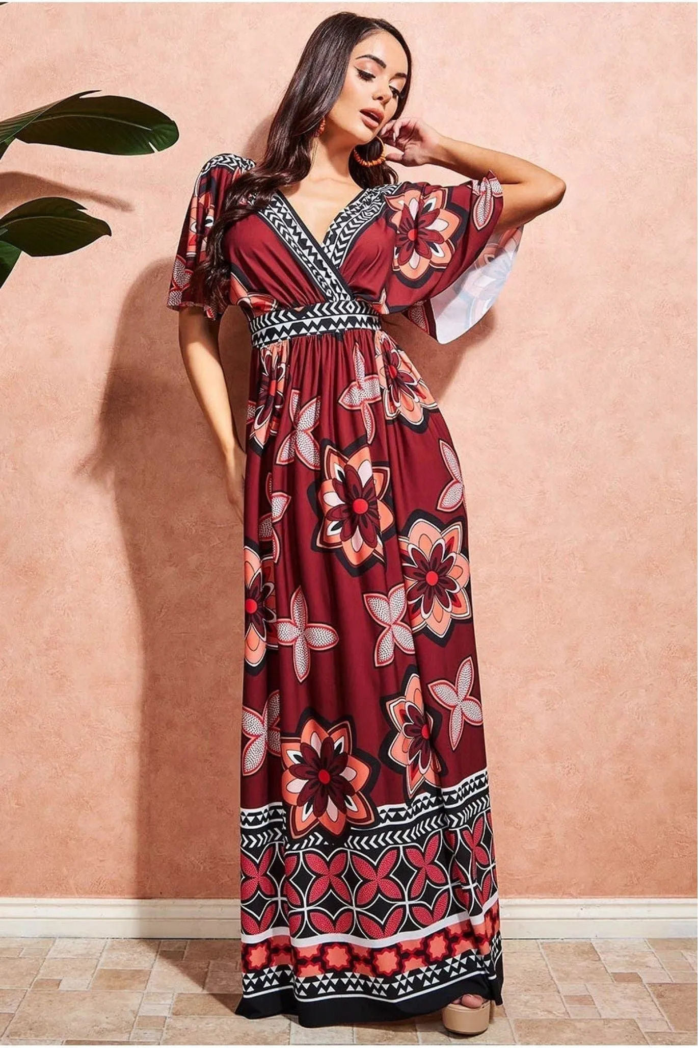 Goddiva Printed Flutter Sleeve Maxi Dress - Brown