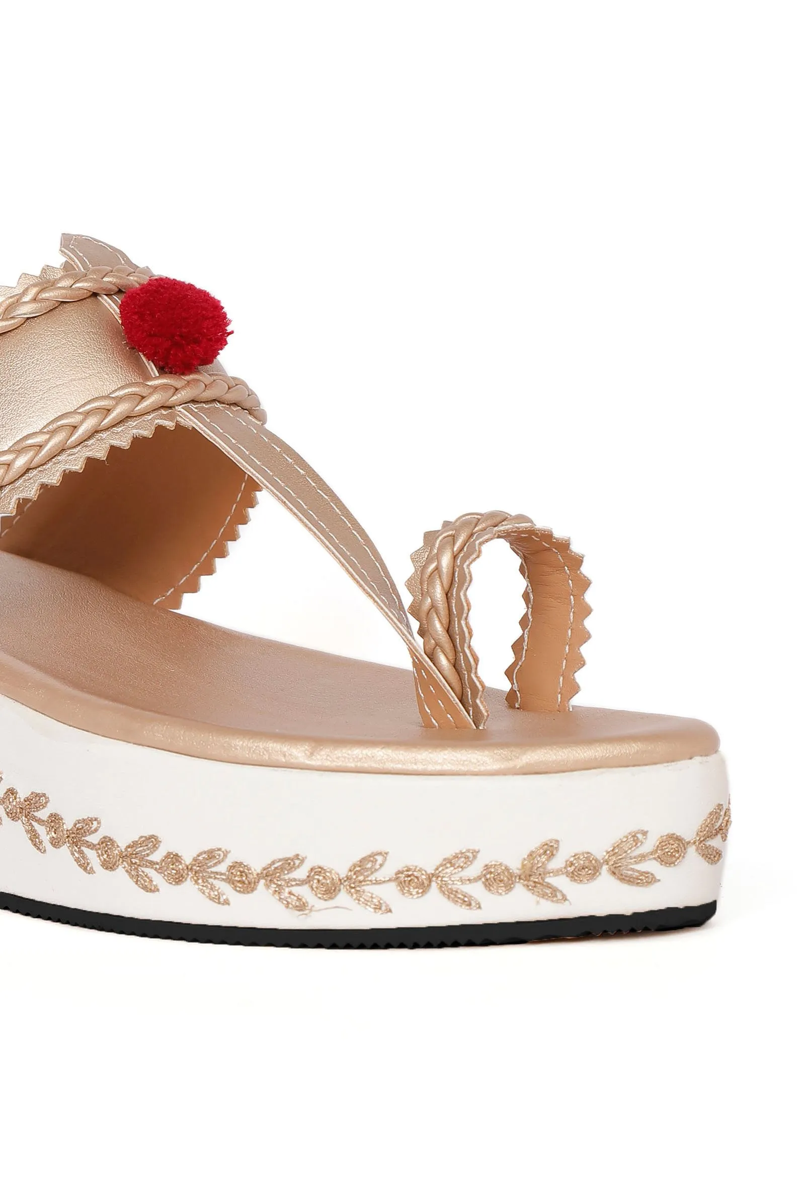 Gold and White Hand Embroidered Kolhapuri Inspired  Wedges