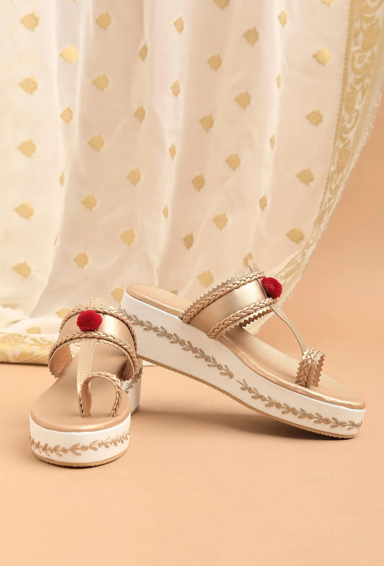 Gold and White Hand Embroidered Kolhapuri Inspired  Wedges