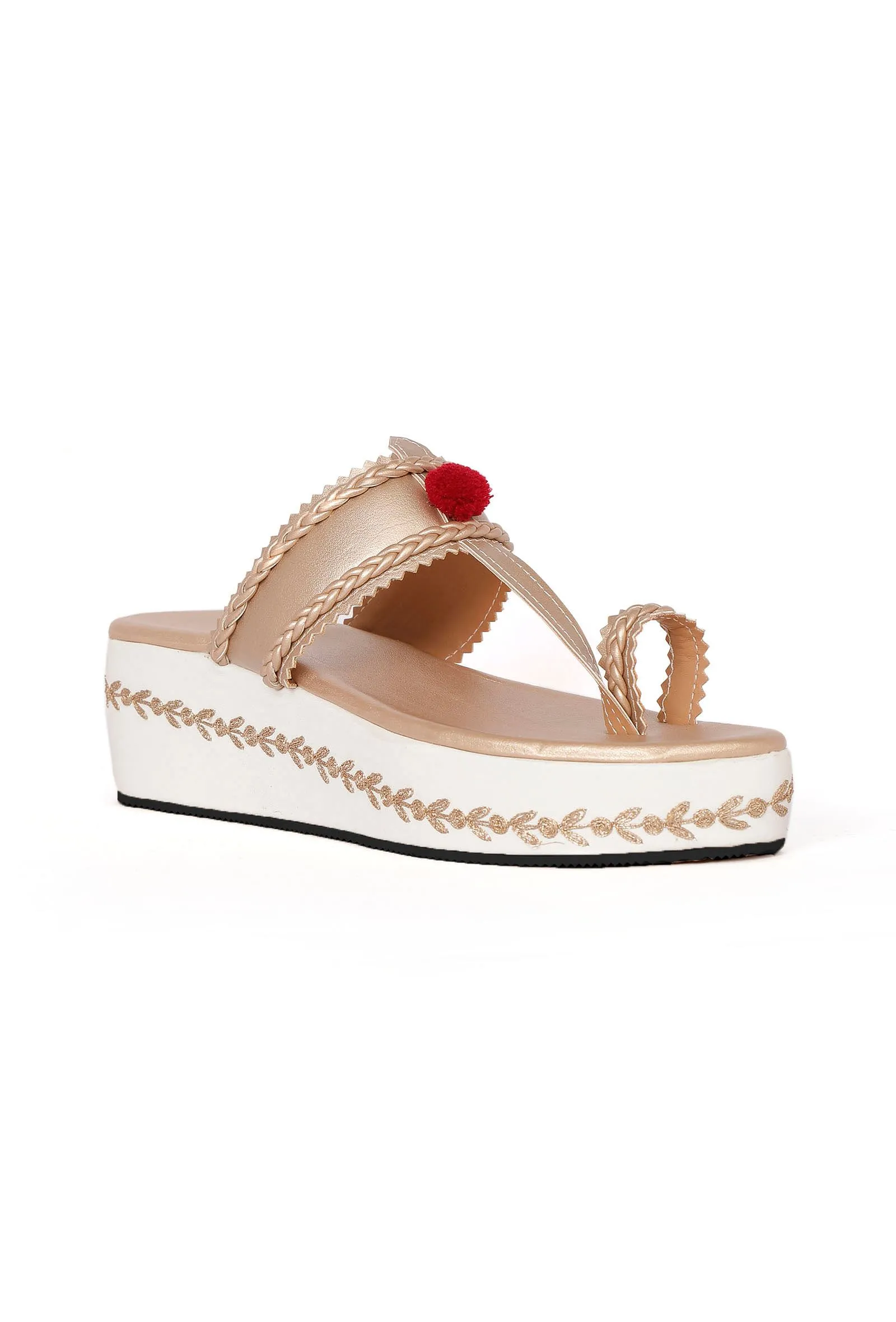 Gold and White Hand Embroidered Kolhapuri Inspired  Wedges