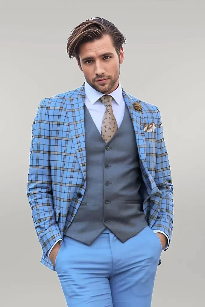 Grey Vested Slim Fit Checked Light Blue Men Suit - Wessi