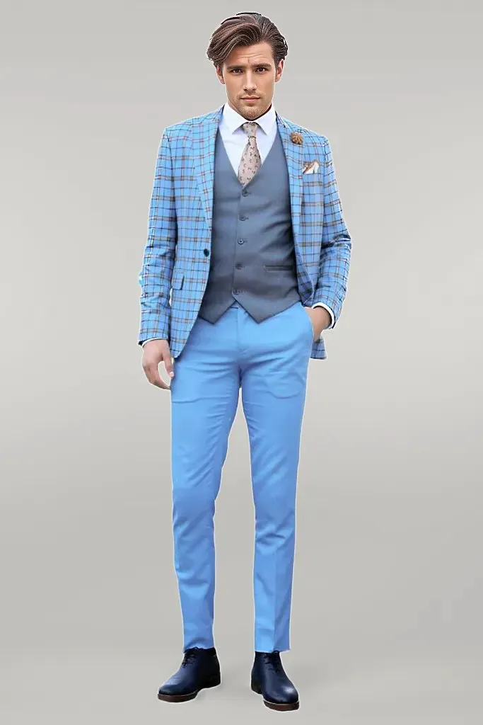 Grey Vested Slim Fit Checked Light Blue Men Suit - Wessi