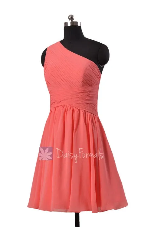 Hot Knee Length Chiffon Formal Dress Light Coral One Shoulder Bridesmaid Dress(BM351)