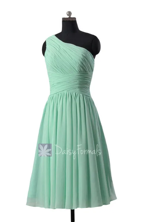 Hot! Mint One-Shoulder Chiffon Homecoming Dress Knee Length Bridesmaid Dress(BM351)