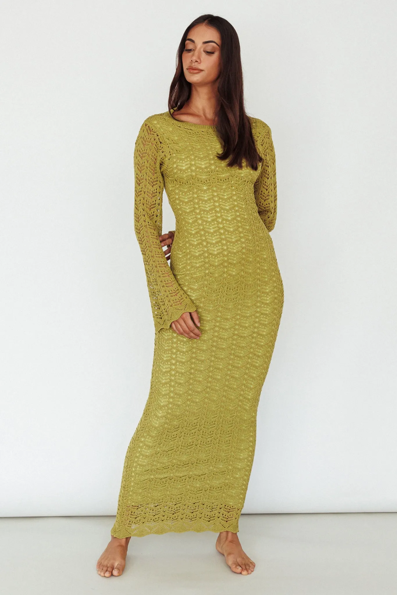 Hyland Open Back Crochet Maxi Dress Olive