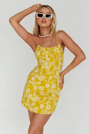 Inana Tied Back Mini Dress Floral Yellow