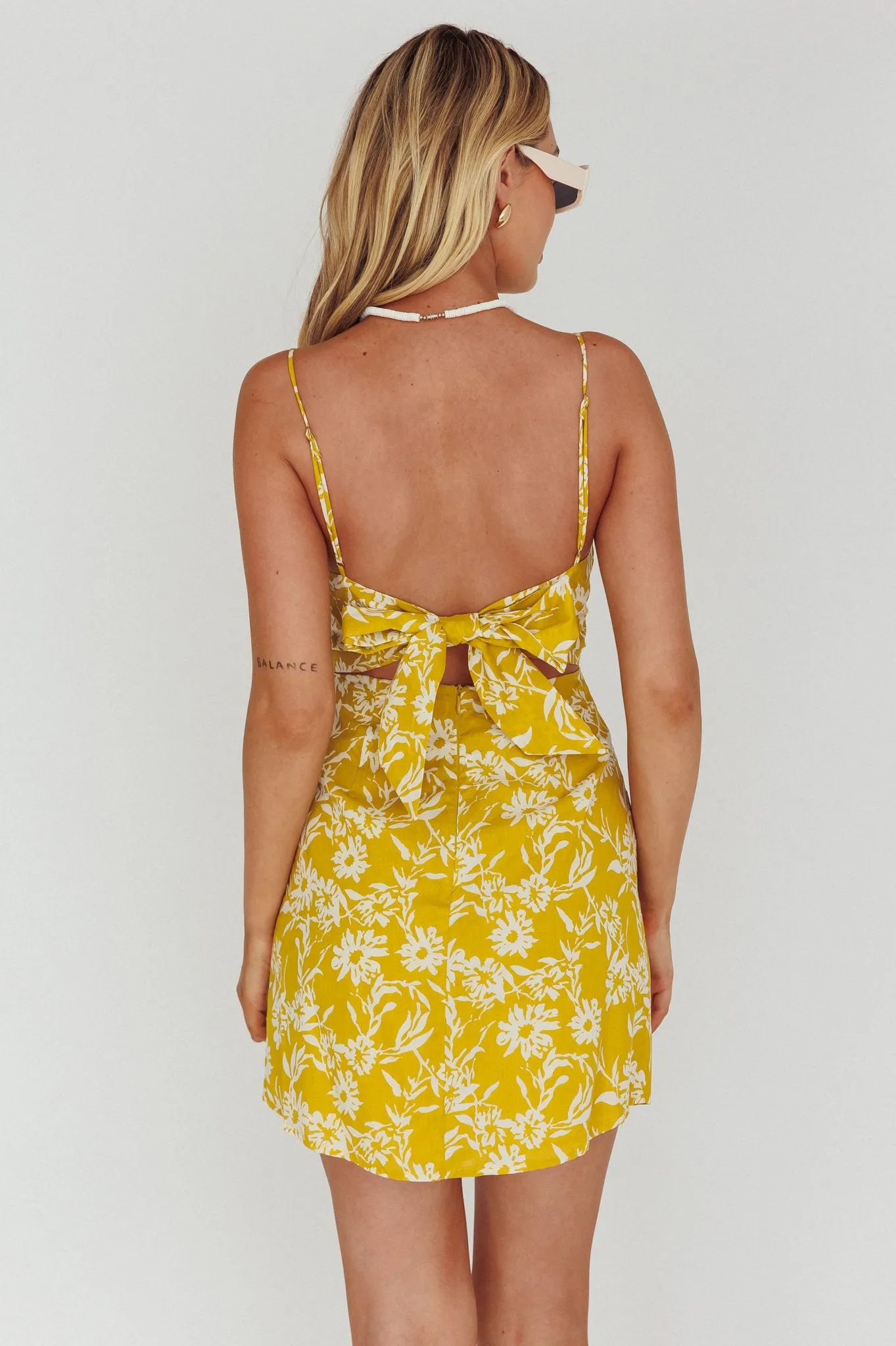 Inana Tied Back Mini Dress Floral Yellow