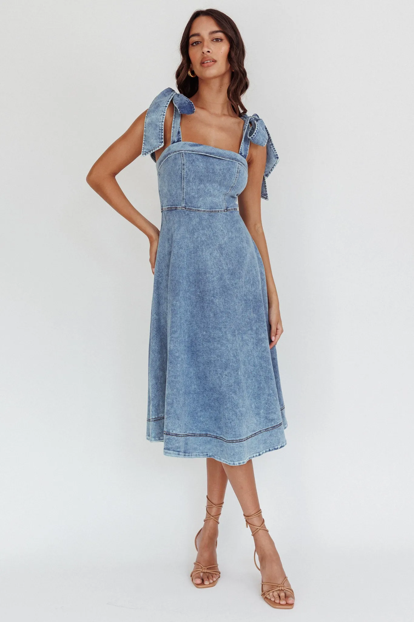 Jeanie Bow Shoulder Midi Dress Wash Denim Blue