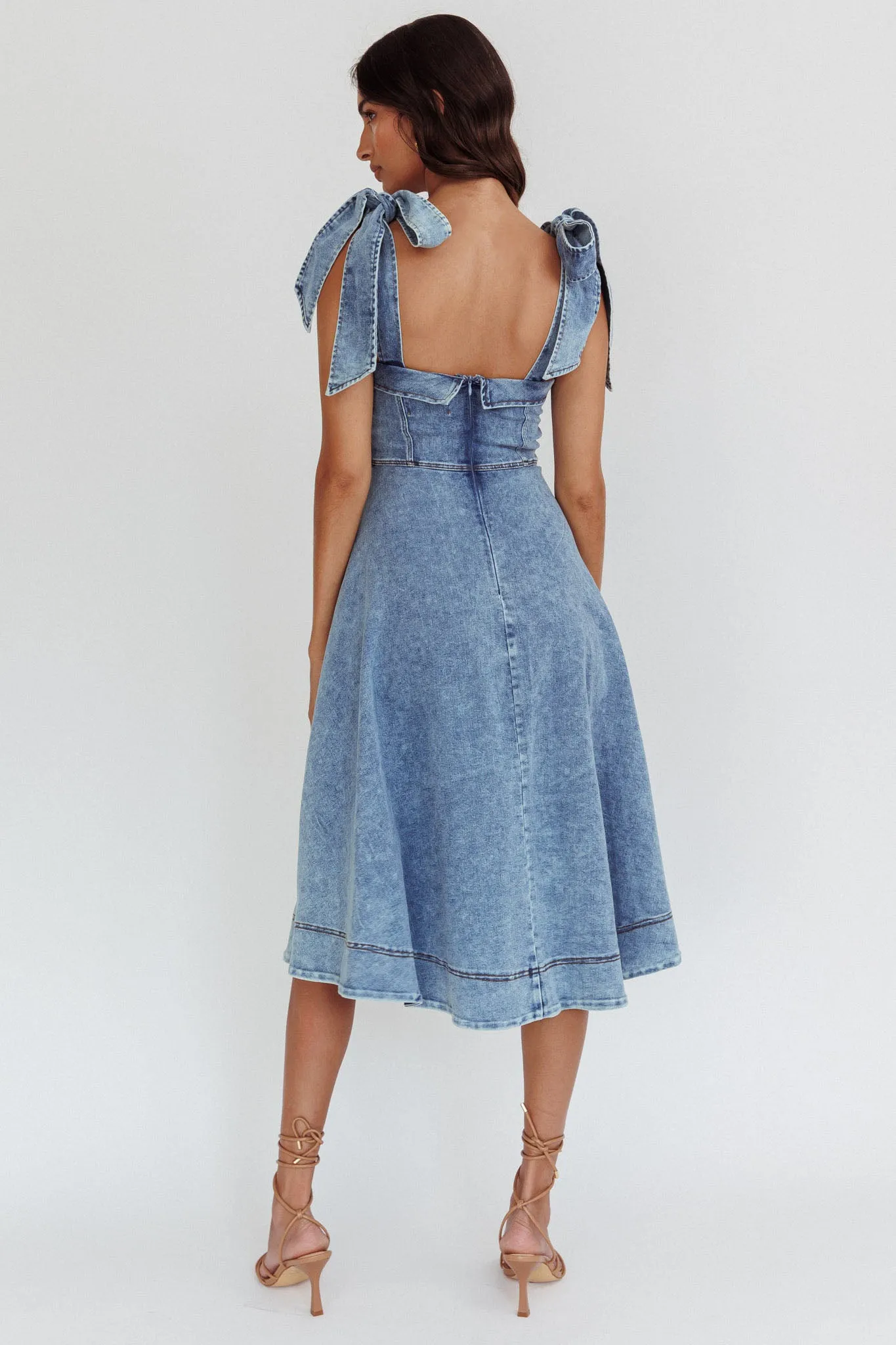 Jeanie Bow Shoulder Midi Dress Wash Denim Blue