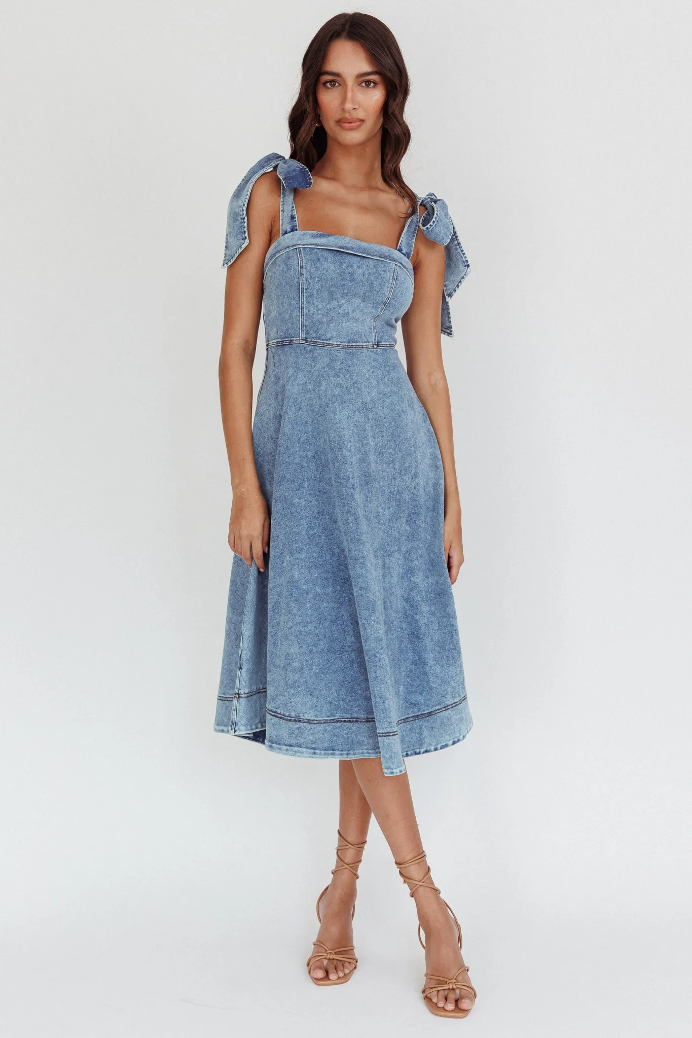 Jeanie Bow Shoulder Midi Dress Wash Denim Blue