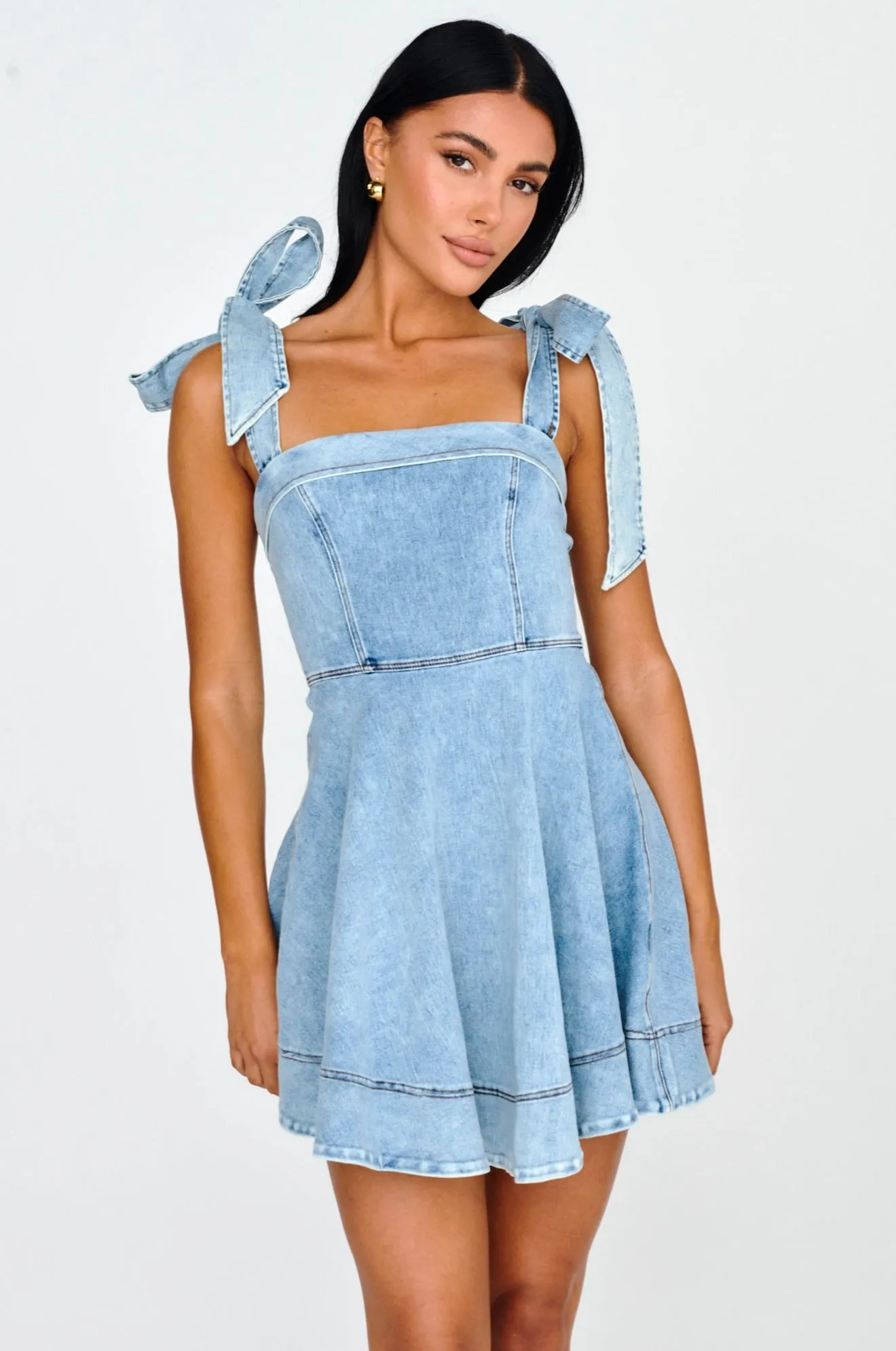 Jeanie Bow Shoulder Mini Dress Denim