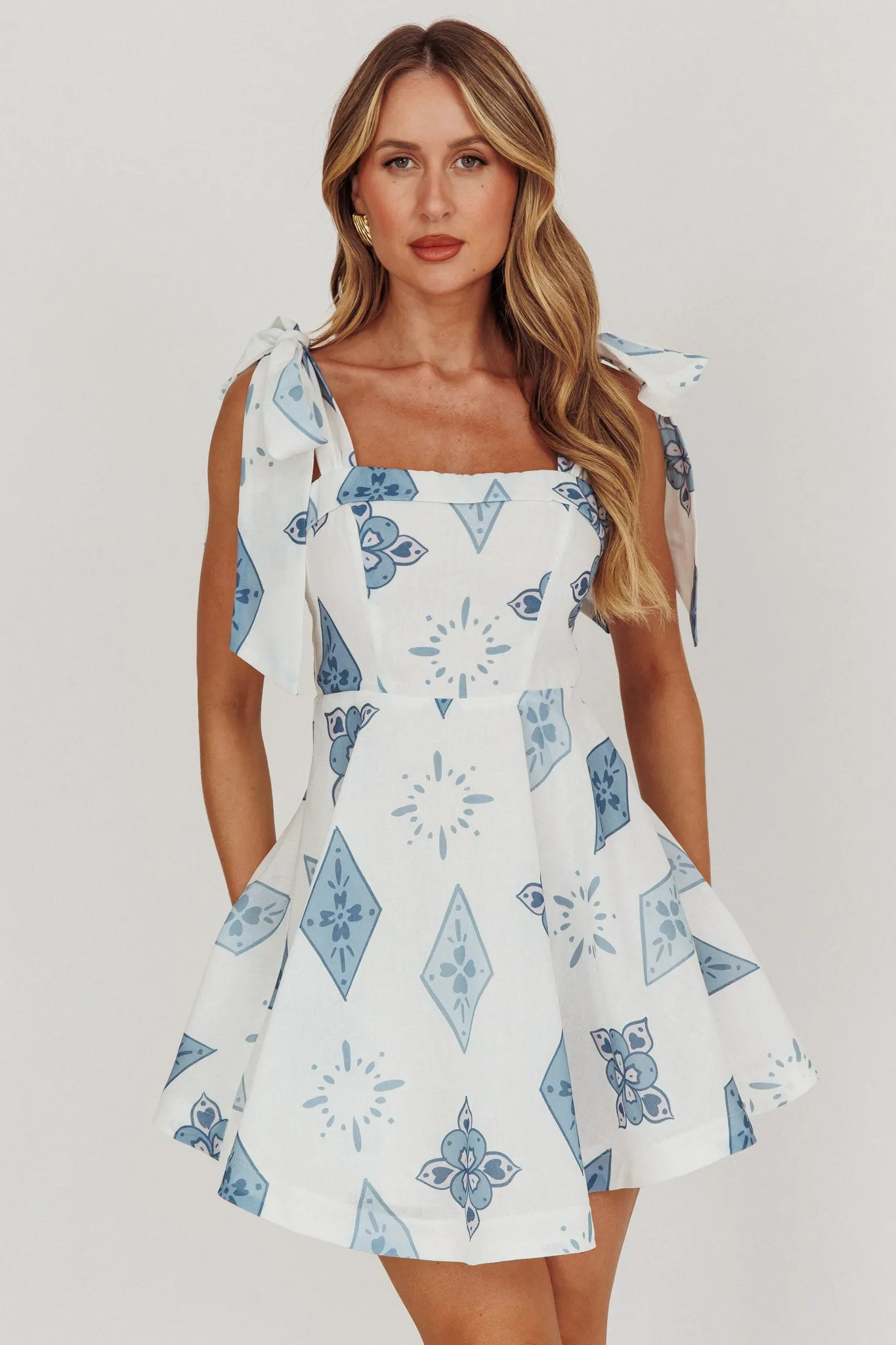 Jeanie Tied Shoulder Mini Dress Blue