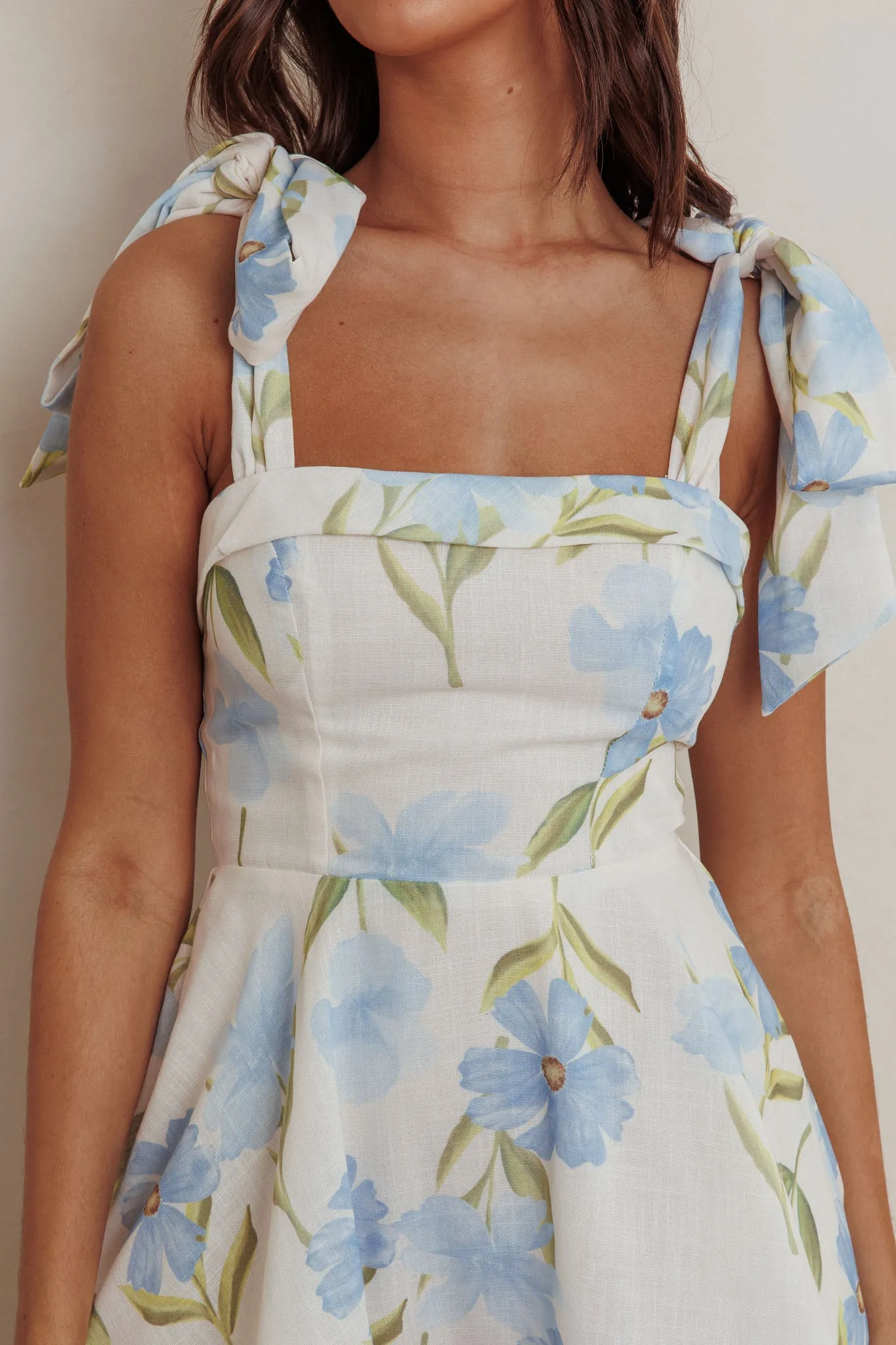 Jeanie Tied Shoulder Mini Dress Flower Blue