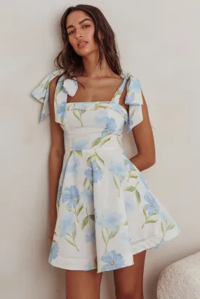 Jeanie Tied Shoulder Mini Dress Flower Blue