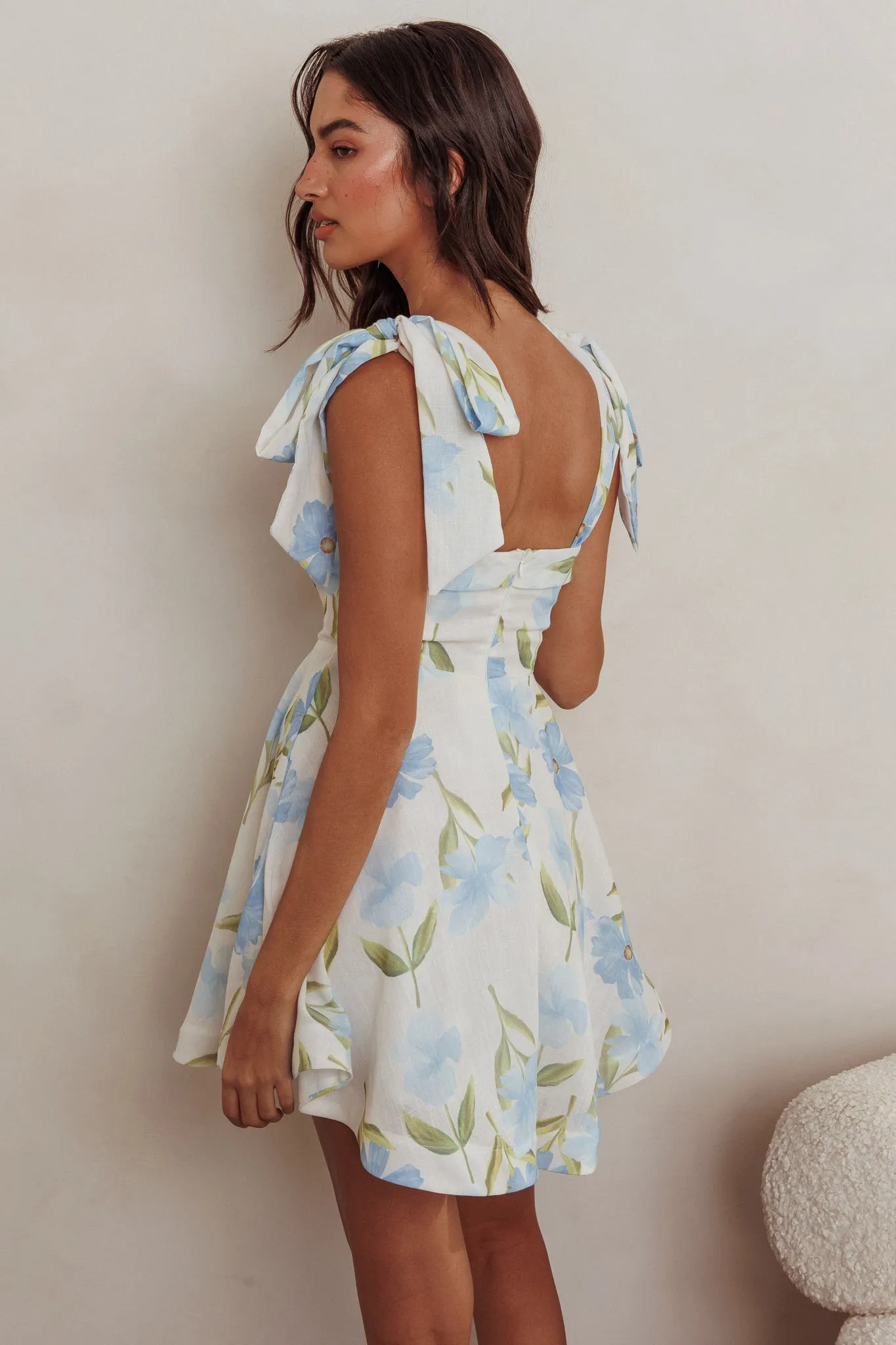 Jeanie Tied Shoulder Mini Dress Flower Blue