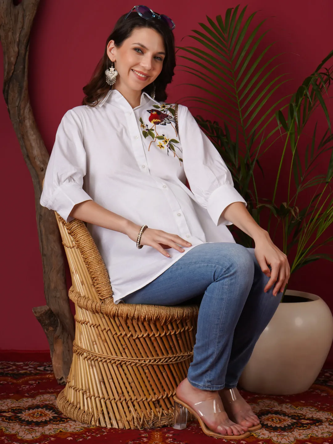 LILY - BLACK FACE EMBROI WHITE MATERNITY SHIRT