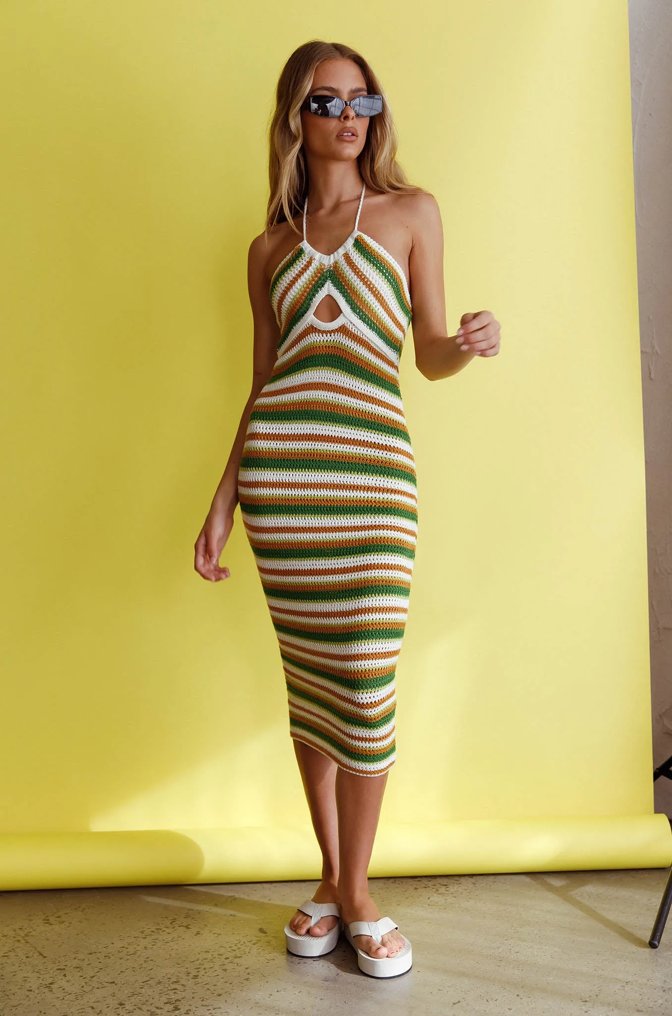 Malibu Nights Halterneck Knit Midi Dress Striped Olive