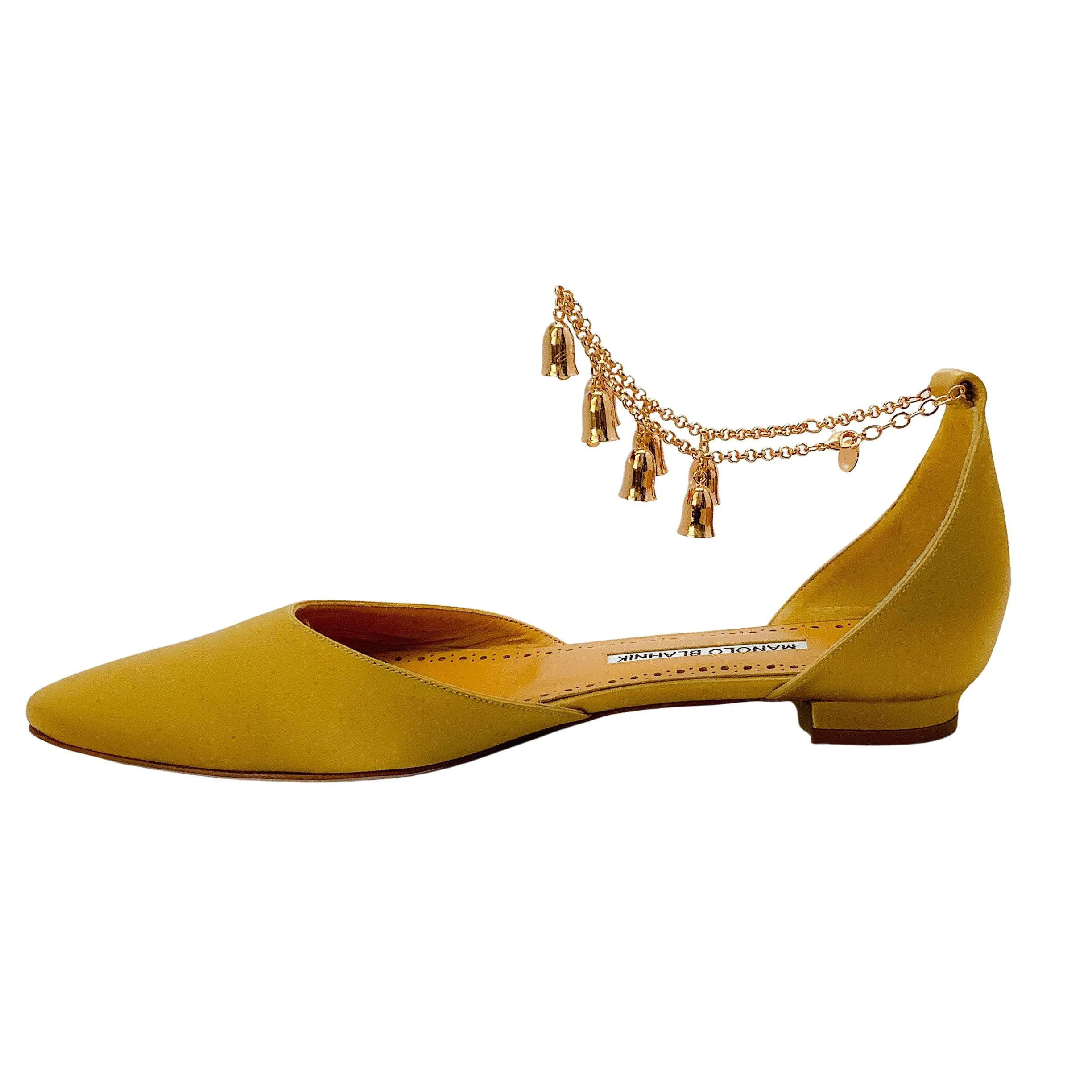 Manolo Blahnik Gold Satin Campanilla Flats