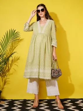 MIMI - GREEN AND WHITE FLORAL EMBROI KURTA MATERNITY CO-ORDS SET