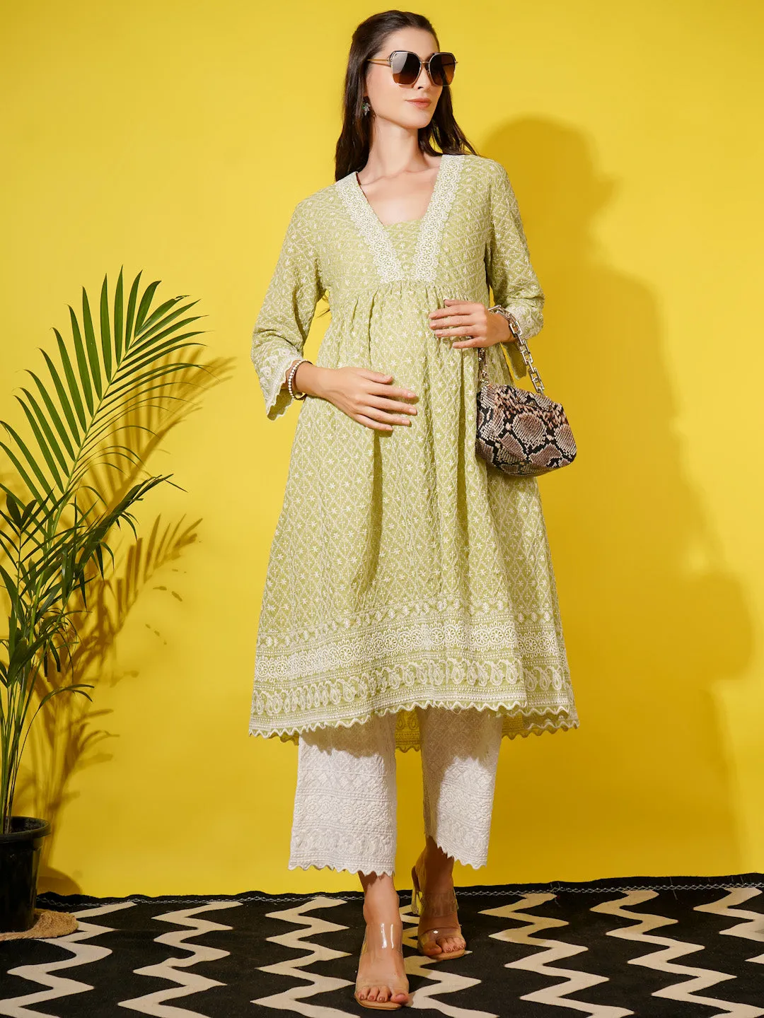 MIMI - GREEN AND WHITE FLORAL EMBROI KURTA MATERNITY CO-ORDS SET