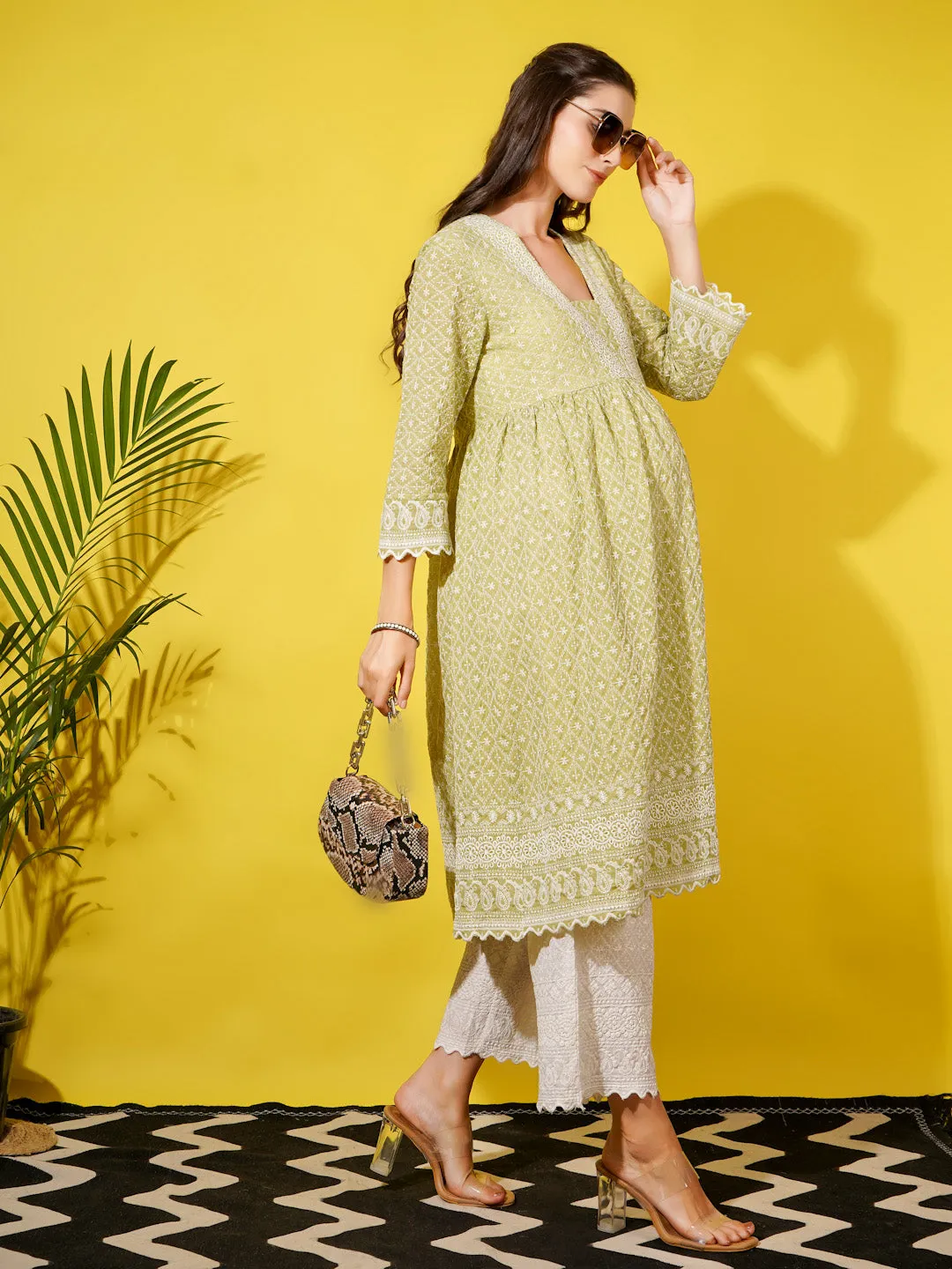 MIMI - GREEN AND WHITE FLORAL EMBROI KURTA MATERNITY CO-ORDS SET