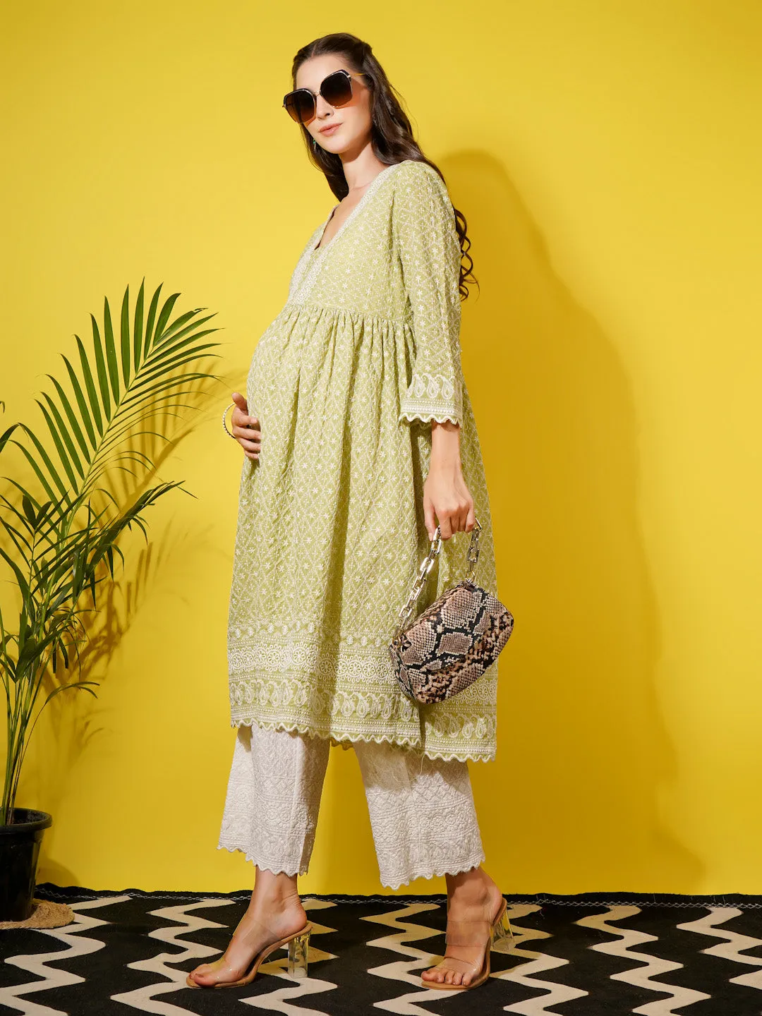 MIMI - GREEN AND WHITE FLORAL EMBROI KURTA MATERNITY CO-ORDS SET