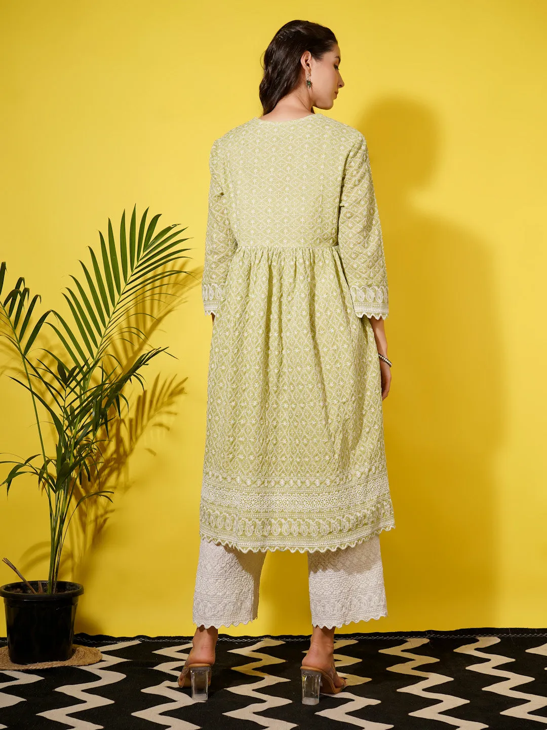 MIMI - GREEN AND WHITE FLORAL EMBROI KURTA MATERNITY CO-ORDS SET