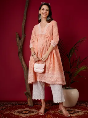 MIMI - ORANGE AND WHITE FLORAL EMBROI KURTA MATERNITY CO-ORDS SET