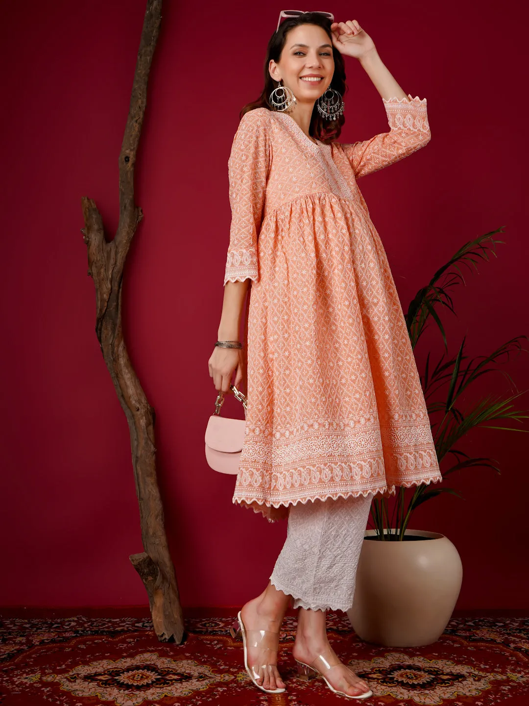 MIMI - ORANGE AND WHITE FLORAL EMBROI KURTA MATERNITY CO-ORDS SET